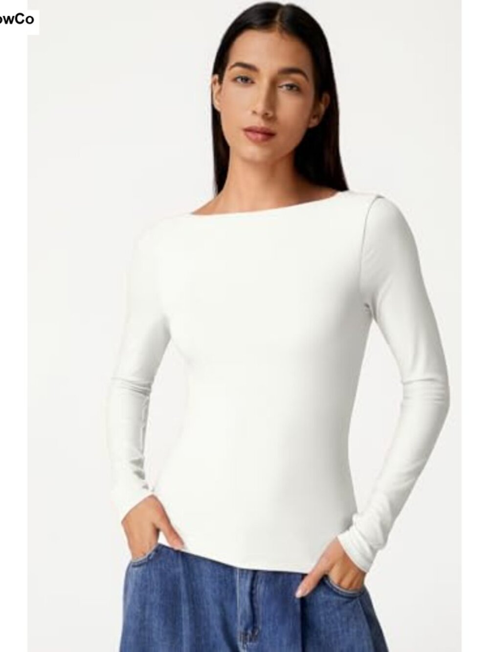 Long Sleeve Cowl Back Boat Neck Double Lined Fitted T-Shirt - Picture 4 of 6
